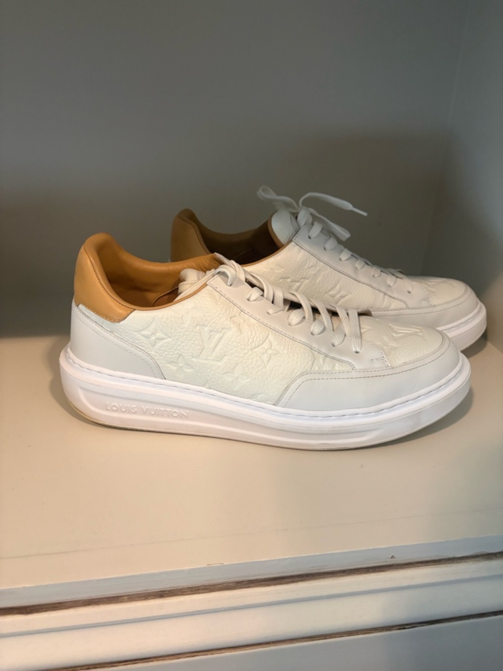 White Mens Louis Vuitton Leather Low-Top Sneakers - Luxury Embossed Design - Picture 3 of 6